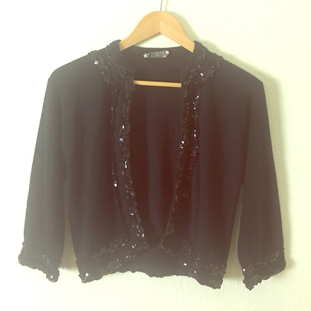 Vintage 1950s Black Cardigan Sweater w/ Sequins